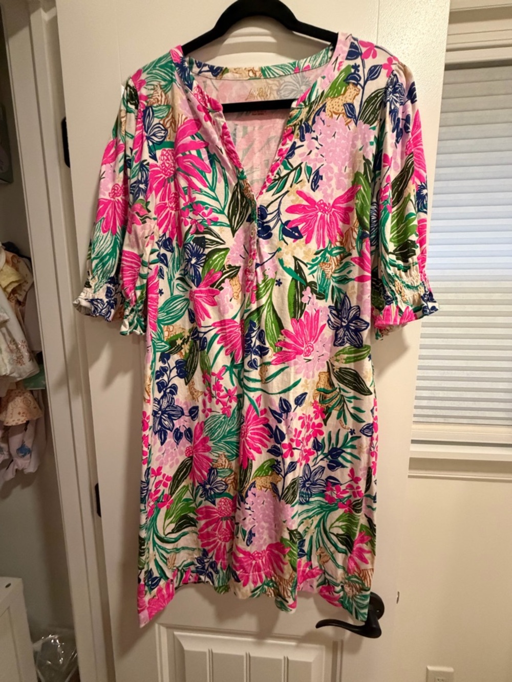 Lilly Pulitzer Tropical Floral V-Neck Midi Dress in Pink, Green & Blue